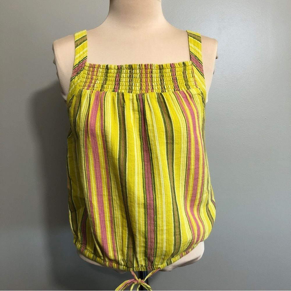 PrAna Cami Womens Small Little Yellow Palm Organic Cotton Striped Smocked New
